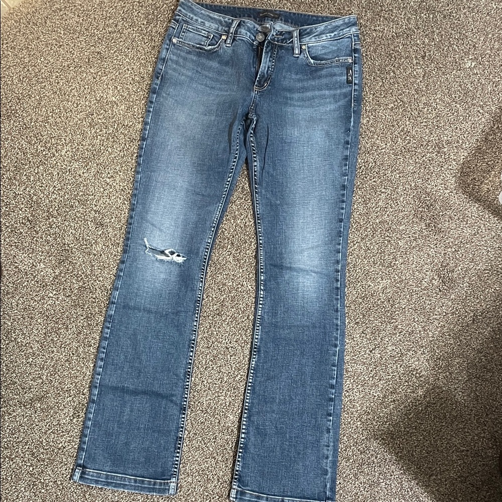 Silver Jeans Women's Straight Leg Distressed Blue Denim